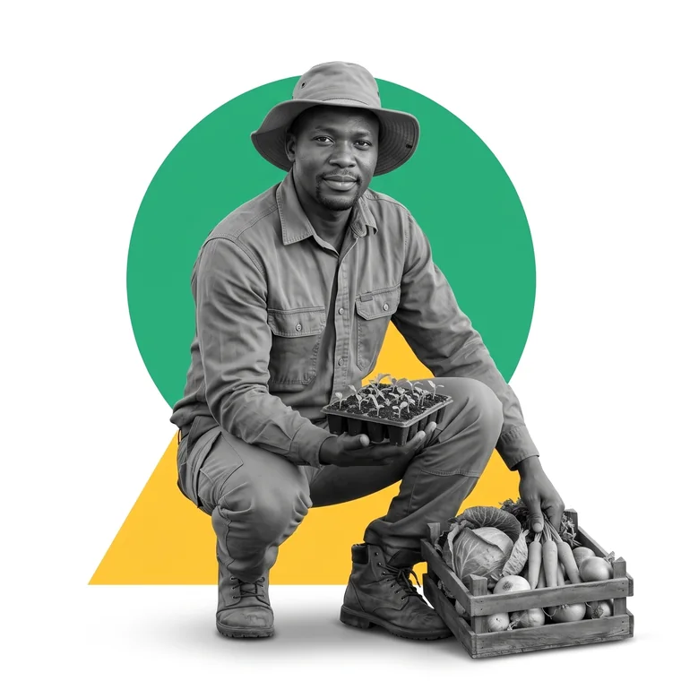 A farmer crouching with a crate of vegetables and a seedling tray