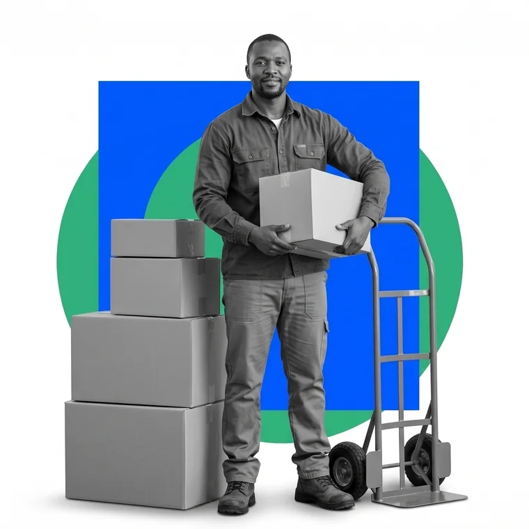 A warehouse supplier holding a box beside a stack of cartons